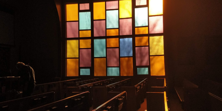 Colourful windows inside the church